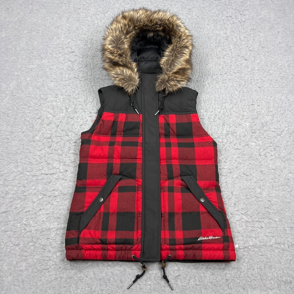 Eddie Bauer Puffer Vest Women Small Red Buffalo Plaid Hooded Goose Down Fur Trim